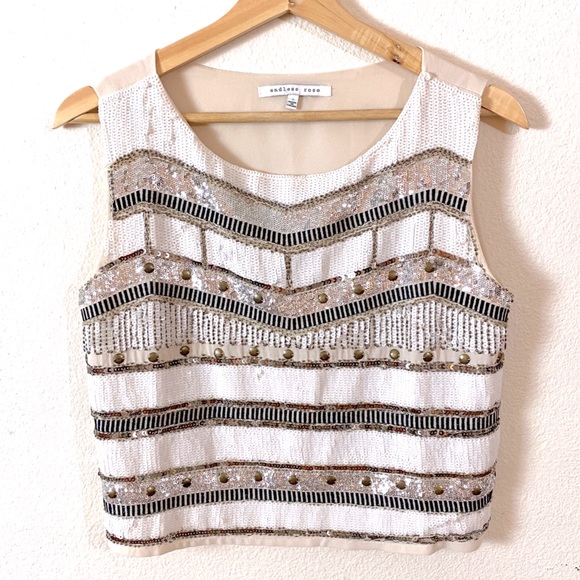 Endless Rose Ivory Silver Sequin Boho Blouse Top S - Picture 1 of 6